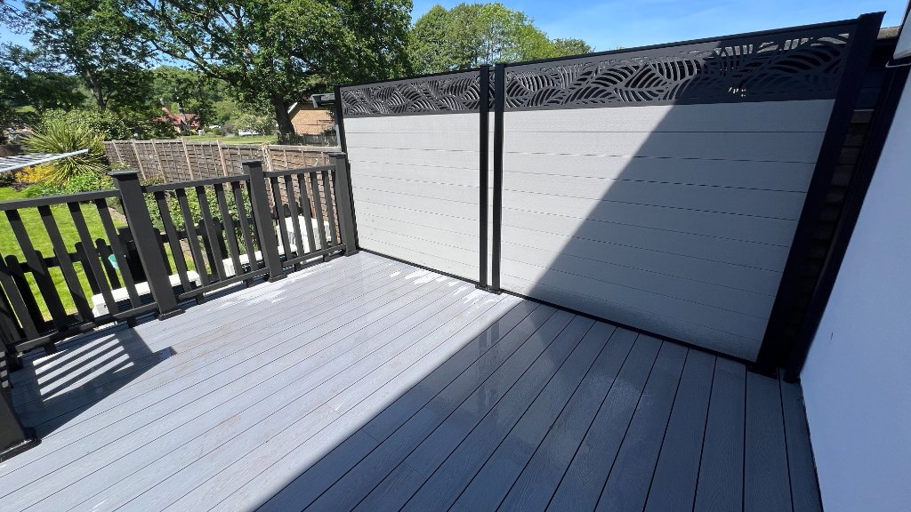 Composite decking privacy screen with decorative laser-cut panel Manchester
